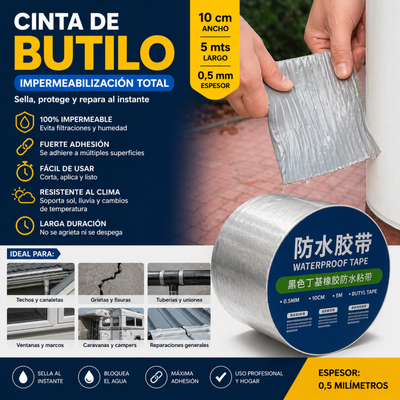 Cinta Adhesiva Tapa Gotera De Butilo 10 Cm X 5 Mts Gris Wowi Plateado