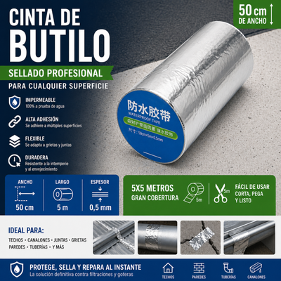 Cinta Adhesiva Tapa Gotera De Butilo 50 Cm X 5 Mts Gris Wowi Plateado