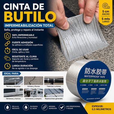 Cinta Adhesiva Tapa Gotera De Butilo 5 Cm X 5 Mts Gris/ Wowi Plateado